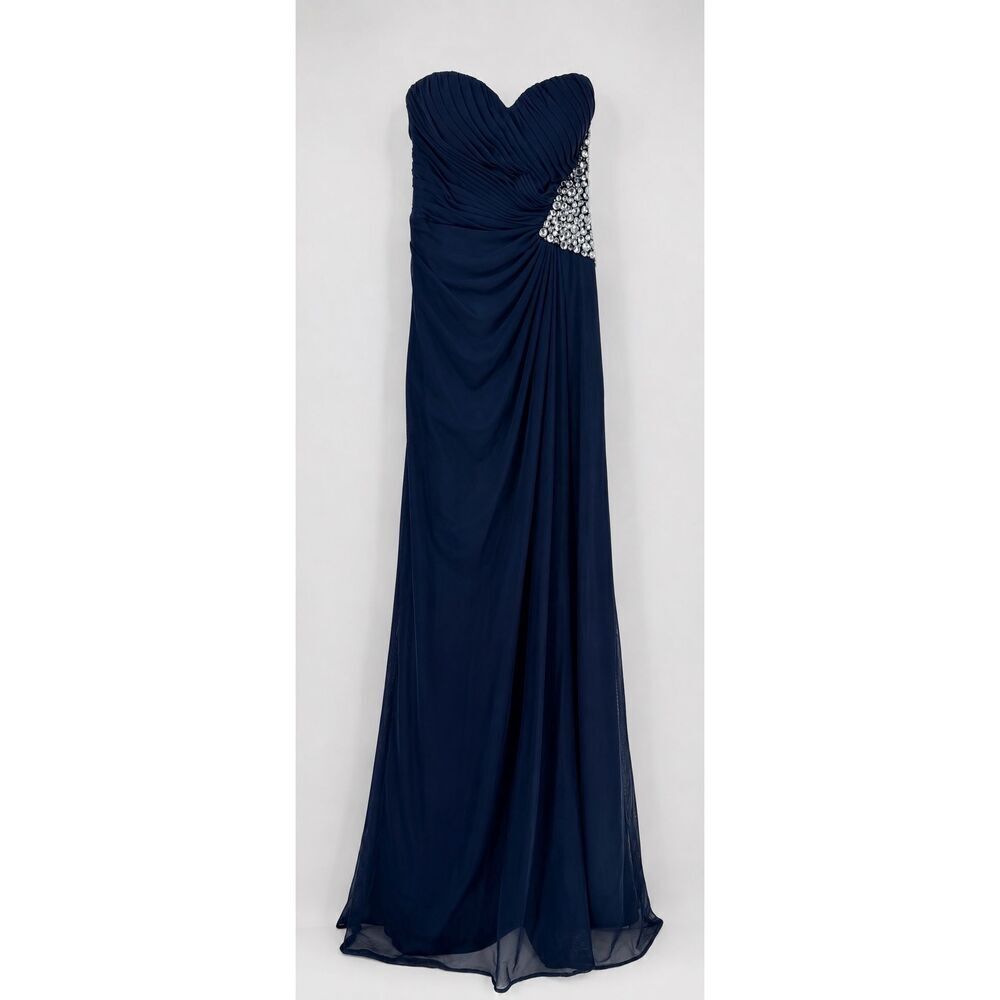 Xscape Navy Beaded Strapless Evening Gown Formal Maxi Dress Crystal Beads Size 0